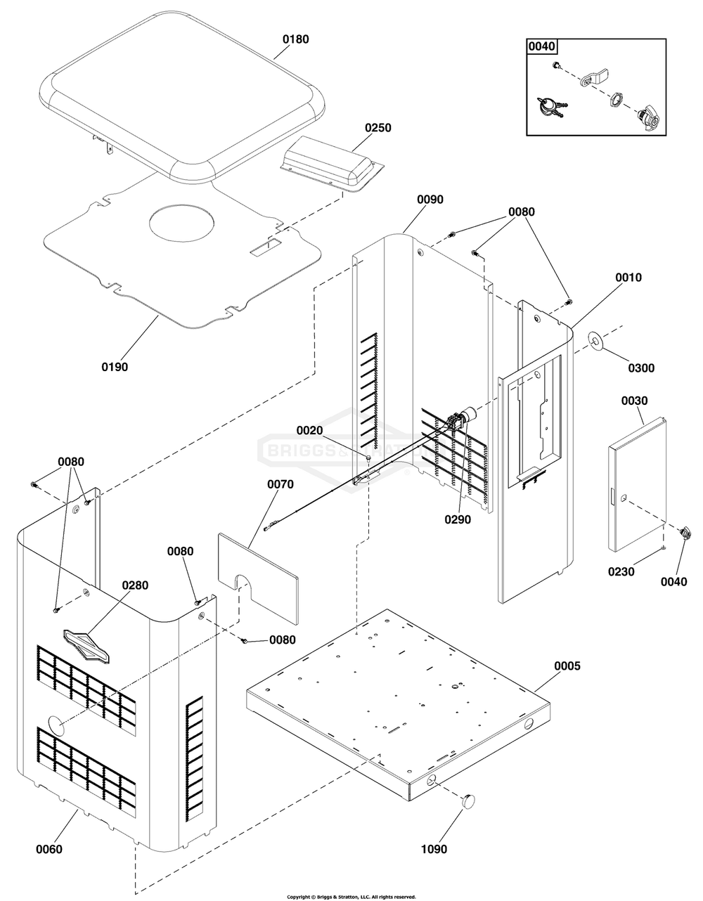 Enclosure Group Diagram and Parts List for 040496-02  Briggs and Stratton Generator